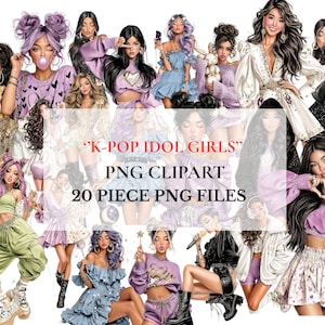 Puede incluir: Ilustración digital con múltiples retratos estilizados de mujeres en varias poses y atuendos. La imagen incluye el texto "K-POP IDOL GIRLS" y "PNG CLIPART 20 PIECE PNG FILES". Las mujeres están representadas con diversos peinados y ropa.