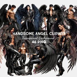 Puede incluir: Un collage digital con múltiples figuras masculinas con alas de ángel. Las figuras se representan en varias poses, vistiendo trajes de cuero negro. El texto "HANDSOME ANGEL CLIPART Transparent Background 46 PNG" está superpuesto en la imagen.