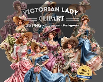 Victorian Lady Clipart 35 PNG Bundle:  Piece Printable Art (Digital Download)