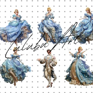 May include: Six porcelain figurines of people in elegant, historical attire. The figures are in shades of blue, gold, and white, with intricate details. The text "Lulubu Art" is written across the image.