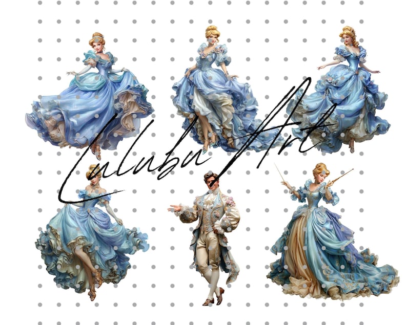 May include: Six porcelain figurines of people in elegant, historical attire. The figures are in shades of blue, gold, and white, with intricate details. The text "Lulubu Art" is written across the image.