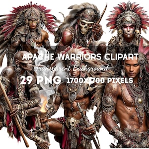 Op de afbeelding: Een digitale clipartafbeelding met zes gedetailleerde illustraties van Apache-krijgers. De krijgers zijn versierd met uitgebreide hoofdtooien, lichaamsverf en tribale accessoires. De afbeelding bevat de tekst "Apache Warriors Clipart" en "29 PNG 1700X700 PIXELS".