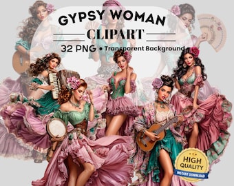 Gypsy Woman Clipart: 32 PNG Art (Digital Download, Piece PNG Files)