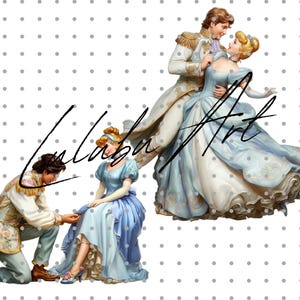 May include: Digital illustration of a fairytale scene featuring a prince and princess. The prince is kneeling, and the princess is seated. Another scene shows the couple dancing. The image has a white background with gray dots and the text "Calaba Art".