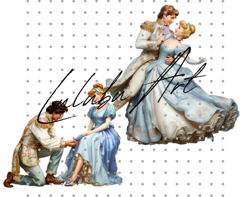 May include: Digital illustration of a fairytale scene featuring a prince and princess. The prince is kneeling, and the princess is seated. Another scene shows the couple dancing. The image has a white background with gray dots and the text "Calaba Art".