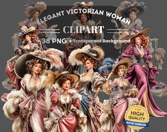 Elegant Victorian Woman Clipart 38 PNG Bundle:  Piece Printable Art (Digital Download)