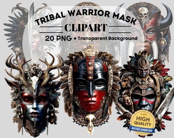 Tribal Warrior Mask Clipart : 20 PNG Art (Digital Download, Piece PNG Files)