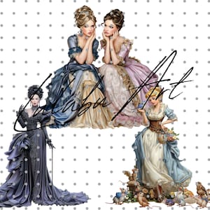 May include: Digital art print featuring four women in elegant, historical gowns. The women are in shades of blue, pink, and black, with intricate details. The image includes the text "Lababu Art".
