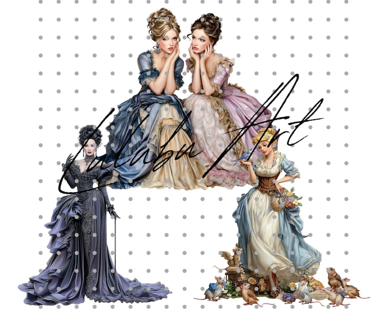 May include: Digital art print featuring four women in elegant, historical gowns. The women are in shades of blue, pink, and black, with intricate details. The image includes the text "Lababu Art".