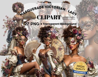 Masquerade Victorian Lady Clipart 27 PNG Bundle:  Piece Printable Art (Digital Download)