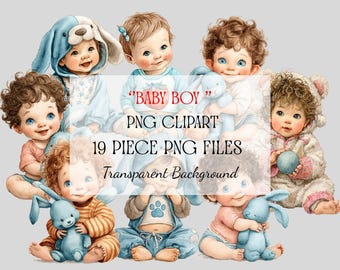 Watercolor Baby Boy Clipart: Baby Shower Art, 19 PNG Files (Digital Download)