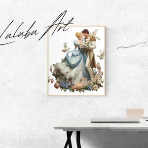 May include: A framed art print featuring a romantic scene of a couple embracing, surrounded by flowers and doves. The couple is dressed in elegant attire, with the woman in a blue gown. The artwork is set against a white background, with the text "Luluba Art" in the upper left corner.