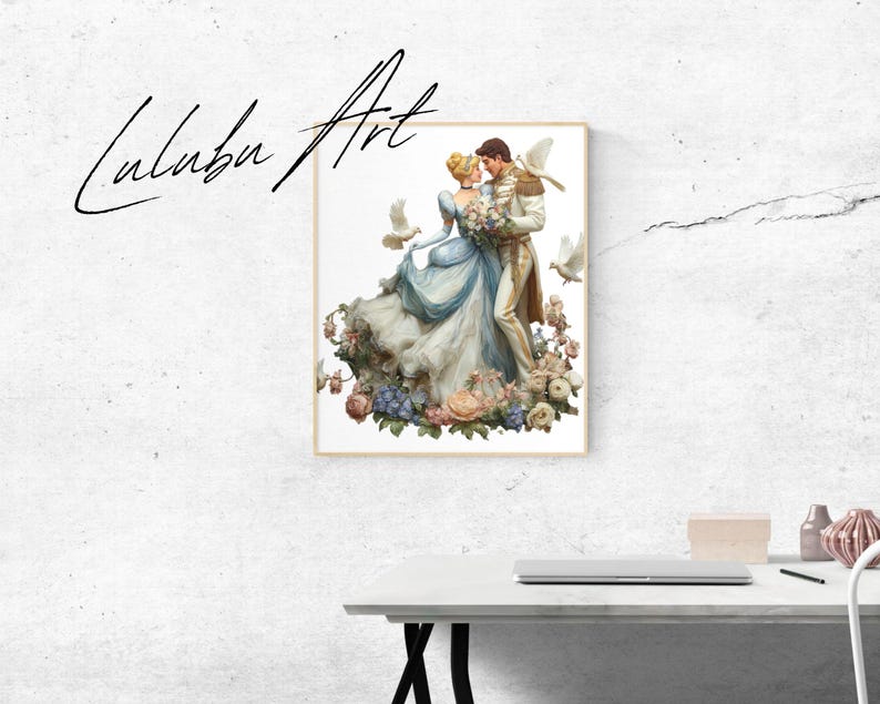 May include: A framed art print featuring a romantic scene of a couple embracing, surrounded by flowers and doves. The couple is dressed in elegant attire, with the woman in a blue gown. The artwork is set against a white background, with the text "Luluba Art" in the upper left corner.