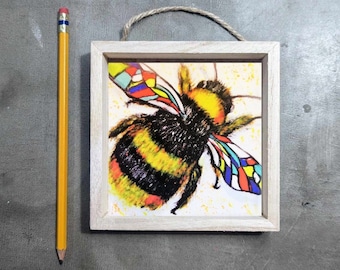 Framed Bumble Bee Art Print | Colorful Nature Painting, 5x5 Wood Frame