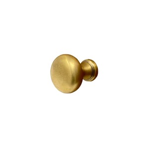 May include: A round, gold-toned cabinet knob with a smooth, slightly domed surface.