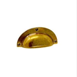 May include: A brass cabinet pull with a rounded, slightly curved shape. The pull has four small, round, decorative screws.