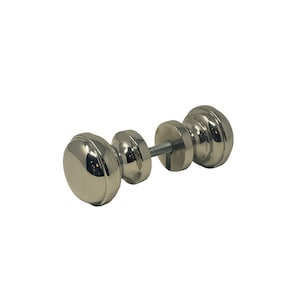 May include: A pair of polished chrome door knobs with a round shape and a slightly raised edge. The knobs are connected by a metal rod.