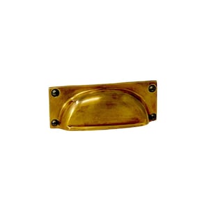 May include: A brass cabinet pull with a rounded rectangular shape and a slightly curved top. The pull has a brushed finish and two small black screws.