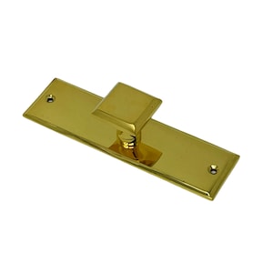May include: A polished brass door handle with a rectangular backplate and a square knob.
