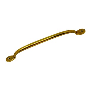 May include: A gold-toned metal door handle with rounded ends. The handle is curved and has a smooth finish.