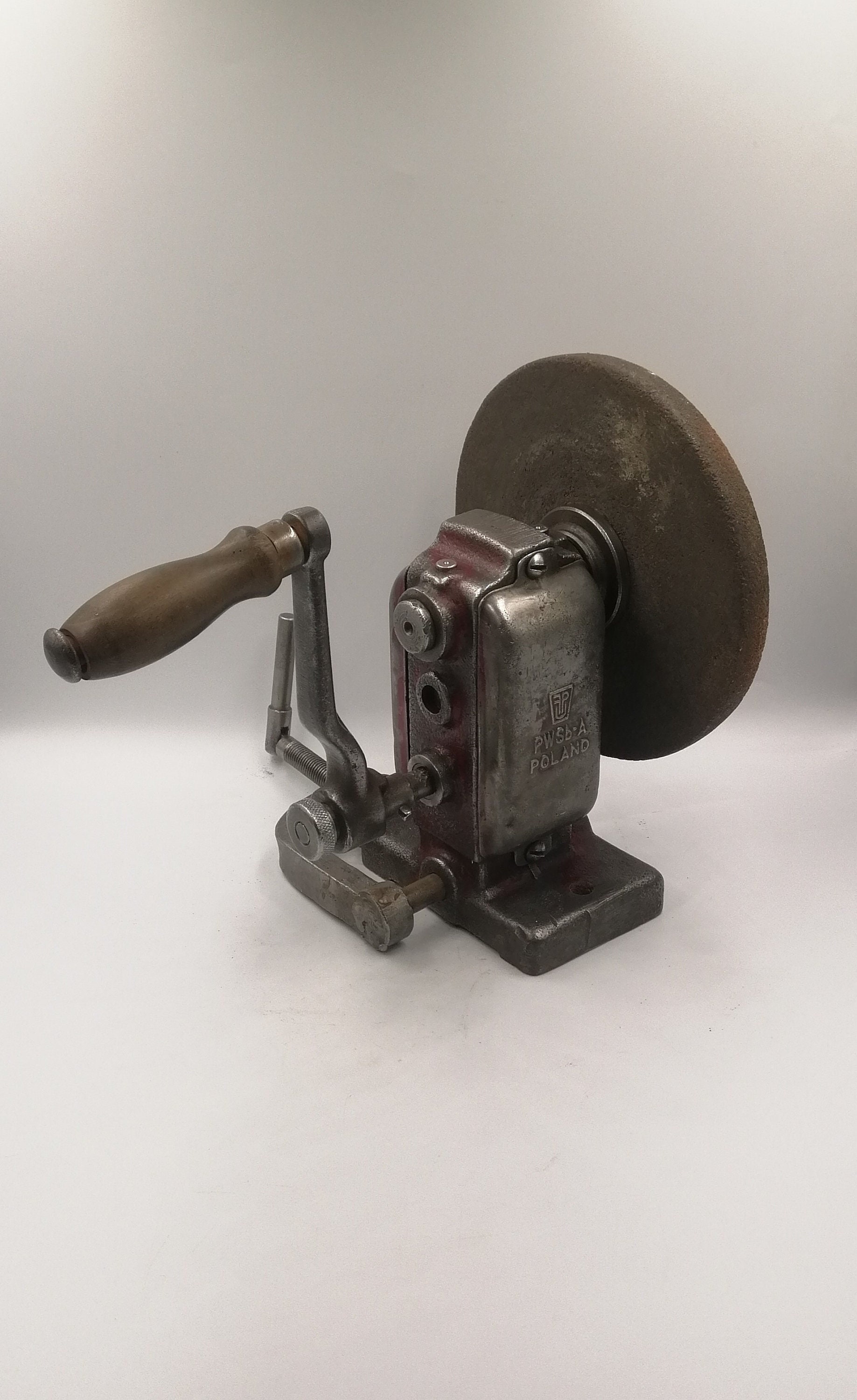 Antique Grinding Machine, Estimatedly 1940-1950s, Hand Crank, Bench  Grinder, Active, Made In Poland, PWSb-Active, Useable, Collectible, Rare