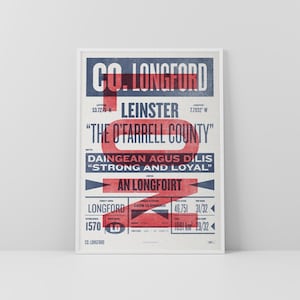 Co. Longford-afdruk / poster • Ierland • Retro / vintage Iers • Gaelic / Keltisch • kunst in boekdrukstijl / typografisch ontwerp • An Longfort
