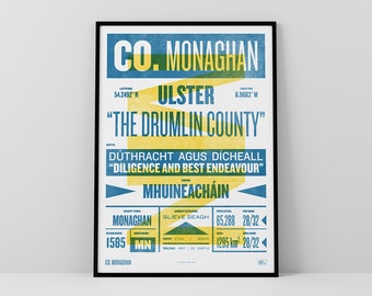 Co. Monaghan Print / Poster • Ireland • Retro / Vintage Irish • Gaelic / Celtic • Letterpress-style Art / Typographic Design • Muineachán