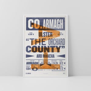 Co. Armagh Druck / Poster • Irland • Retro / Vintage Irisch • Gälisch / Keltisch • Letterpress-Stil Kunst / Typografie Design • Ard Mhacha