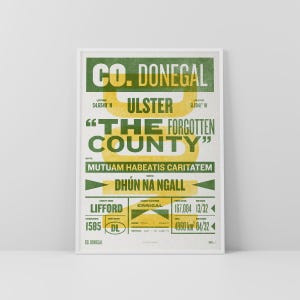 Print / poster uit Co. Donegal • Ierland • Retro / vintage Iers • Gaelic / Keltisch • kunst in boekdrukstijl / typografisch ontwerp • Dún na nGall