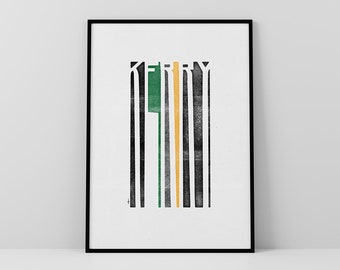 Co. Kerry Art Print • Ireland • Irish Poster • Gaelic / Celtic • Abstract • Typographic Art • County Colours • Ciarrai