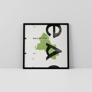 Impressão artística Co. Monaghan • Irlanda • Pôster irlandês • Gaélico/Céltico • Arte tipográfica • Muineachán • Mapa