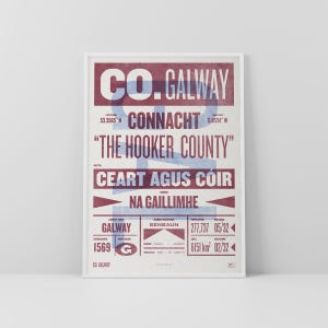 Impresión/póster del condado de Galway • Irlanda • Arte retro/vintage irlandés • Gaélico/celta • Diseño tipográfico/arte con impresión tipográfica • Gaillimh