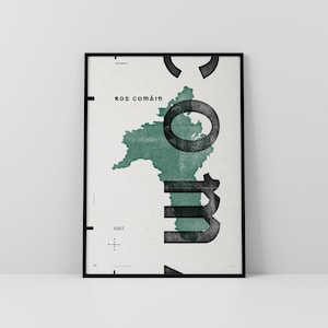 Co. Roscommon-kunstdruk • Ierland • Ierse poster • Gaelic/Keltisch • Typografische kunst • Ros Comáin • Kaart