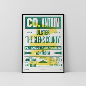 Co. Antrim-print / poster • Ierland • Retro / vintage Iers • Gaelic / Keltisch • kunst in boekdrukstijl / typografisch ontwerp • Aontroim