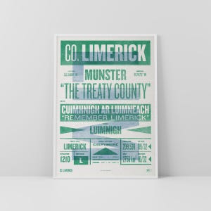 Impresión/póster del condado de Limerick • Irlanda • Arte retro/vintage irlandés • Gaélico/celta • Diseño tipográfico/arte con impresión tipográfica • Luimneach