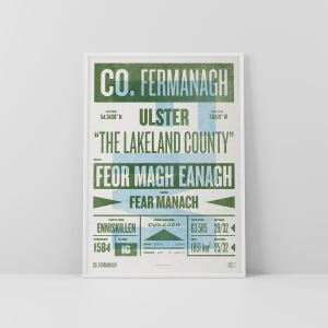 Co. Fermanagh-print / poster • Ierland • Retro / vintage Iers • Gaelic / Keltisch • kunst in boekdrukstijl / typografisch ontwerp • Fear Manach