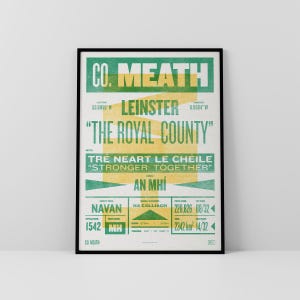 Co. Meath-print / poster • Ierland • Retro / vintage Iers • Gaelic / Keltisch • kunst in boekdrukstijl / typografisch ontwerp • An Mhí