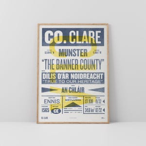 Co. Clare-afdruk / poster • Ierland • Retro / vintage Iers • Gaelic / Keltisch • kunst in boekdrukstijl / typografisch ontwerp • An Clár