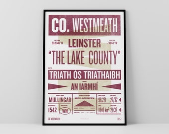 Co. Westmeath Print / Poster • Ireland • Retro / Vintage Irish • Gaelic / Celtic • Letterpress-style Art / Typographic Design • An Iamhí