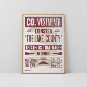 Co. Westmeath Druck/Poster • Irland • Retro / Vintage Irisch • Gälisch / Keltisch • Letterpress-Stil Kunst / Typografie Design • Ein Iamhí