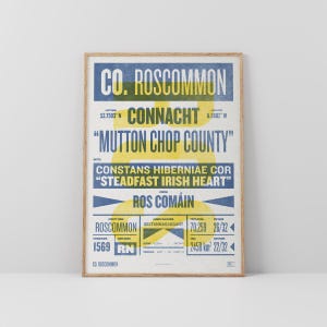 Co. Roscommon-print / poster • Ierland • Retro / vintage Iers • Gaelic / Keltisch • kunst in boekdrukstijl / typografisch ontwerp • Ros Comáin