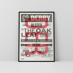 Co. Derry-print / poster • Ierland • Retro / vintage Iers • Gaelic / Keltisch • kunst in boekdrukstijl / typografisch ontwerp • Doire