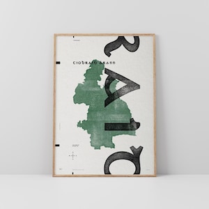 Co. Tipperary-kunstdruk • Ierland • Ierse poster • Gaelic/Keltisch • Typografische kunst • Tiobraid Árann • Kaart