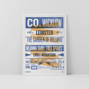 Co. Wicklow-afdruk / poster • Ierland • Retro / vintage Iers • Gaelic / Keltisch • kunst in boekdrukstijl / typografisch ontwerp • Cill Mhantáin