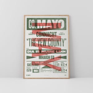 Co. Mayo Druck / Poster • Irland • Retro / Vintage Irisch • Gälisch / Keltisch • Letterpress-Stil Kunst / Typografie Design • Maigh Eo