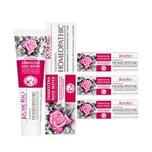 May include: A tube and four boxes of Rose Rio Damascena Rose Water homeopathic toothpaste. The packaging is white and magenta with a pink rose graphic, featuring text that reads Rose Rio Dental Program and Homeopathic Aromatherapy Care.