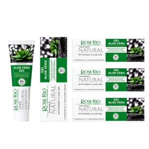 May include: A white tube and box of Rose Rio Dental Program Natural Aloe Vera Gel toothpaste. The packaging features green accents, an image of an aloe vera plant, and text stating 98% natural origin ingredients and propolis protection.