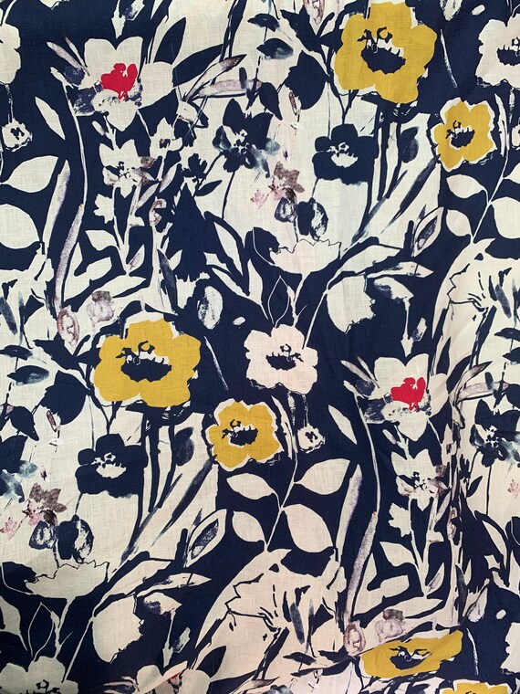 Linen Blue Floral Design by the Metre Etsy