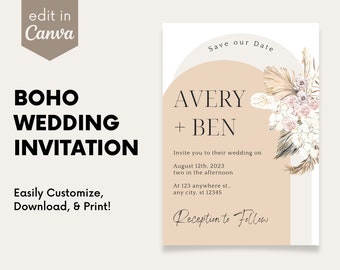 Boho Pampas Floral Wedding Invitation | Digital Download | Template | Save the Date | Invite