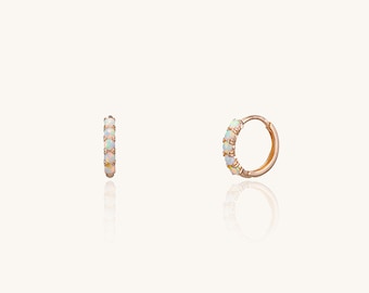 14K Solid Gold Opal Hoop Earrings, Handmade in Seoul
